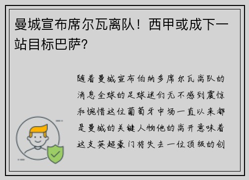 曼城宣布席尔瓦离队！西甲或成下一站目标巴萨？