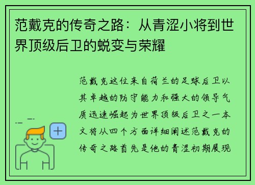 范戴克的传奇之路：从青涩小将到世界顶级后卫的蜕变与荣耀